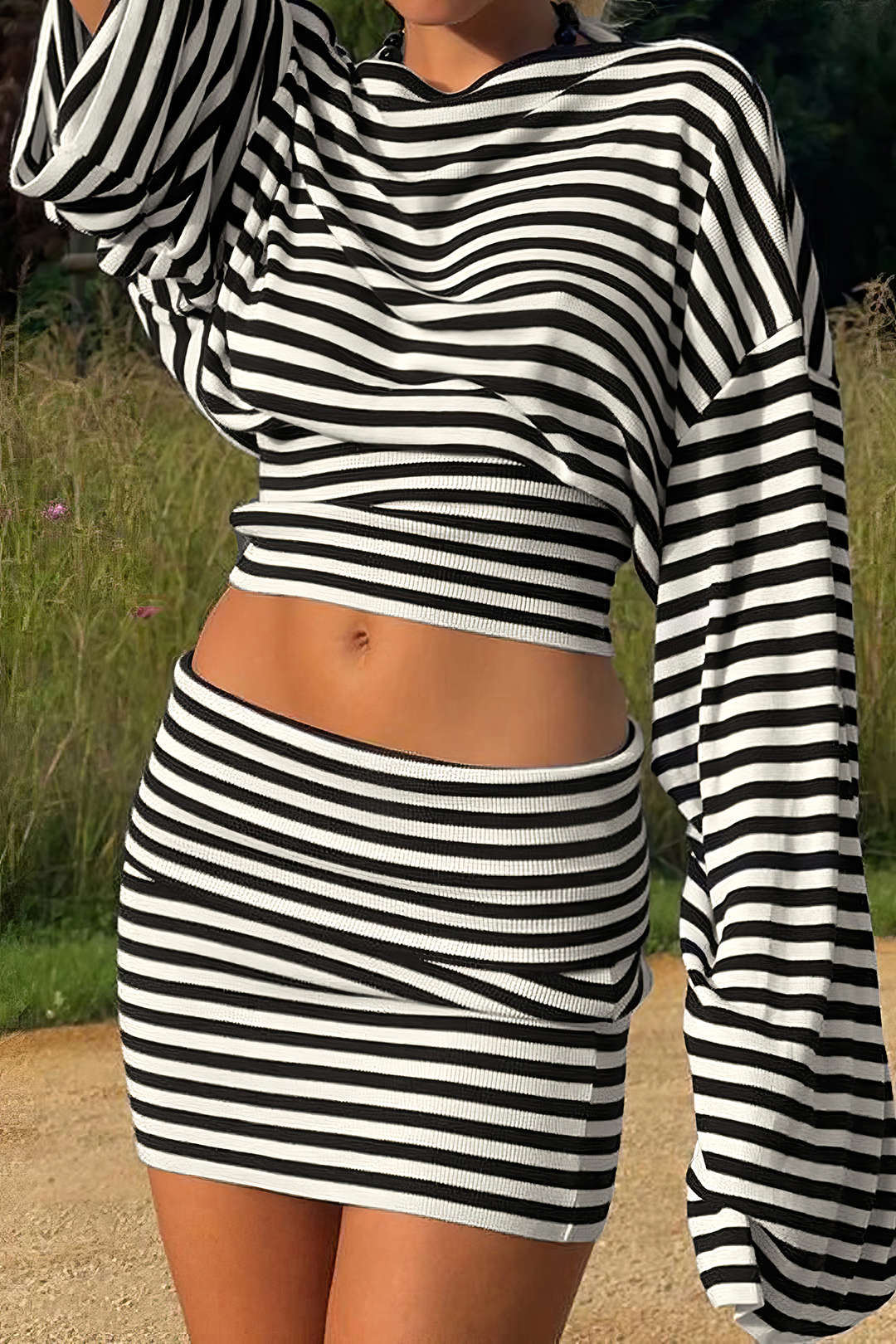 Stripes Print Bell Long-Sleeve Top And Mini Skirt Set