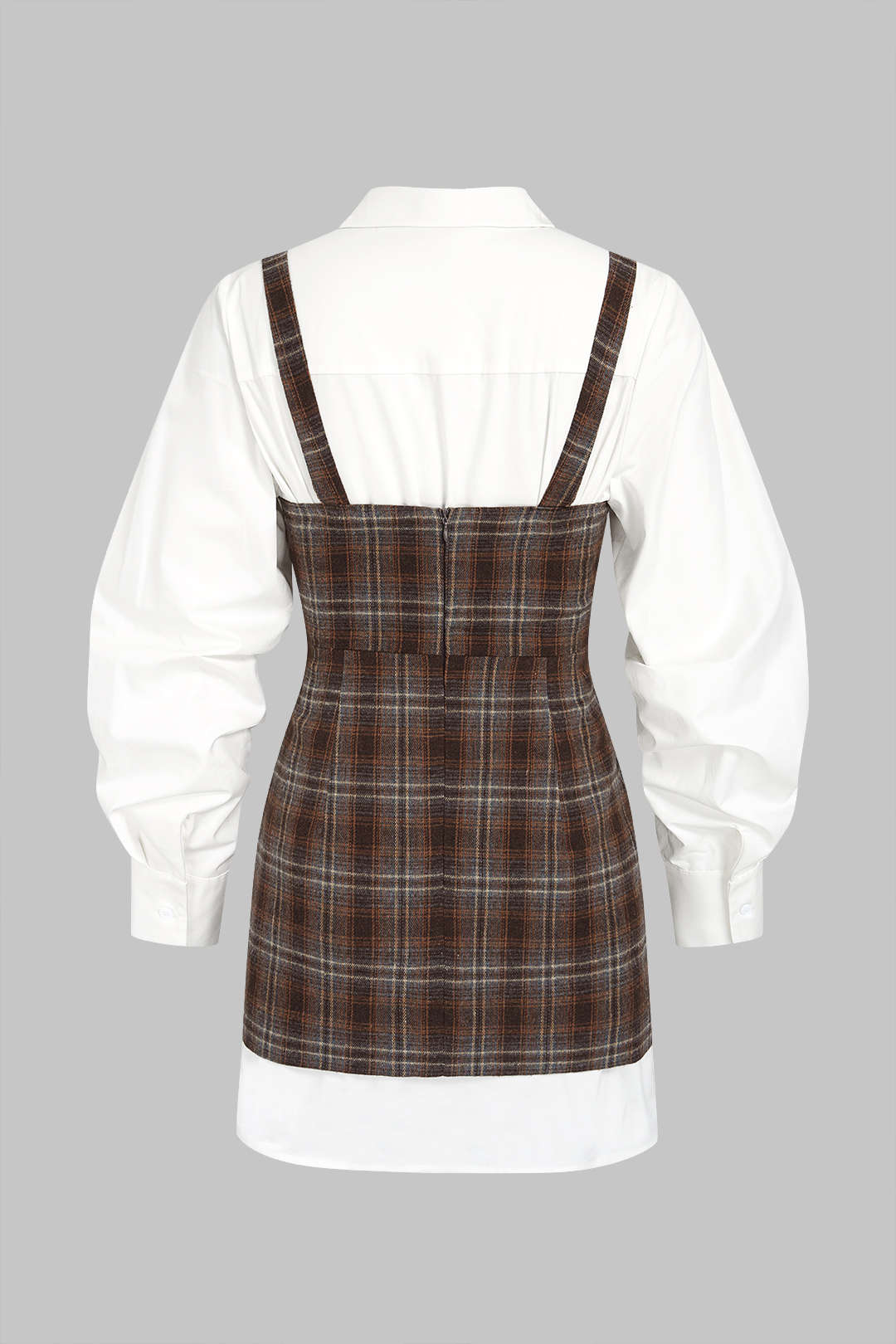 Solid Long Sleeve Shirt And Plaid Print Mini Dress Set