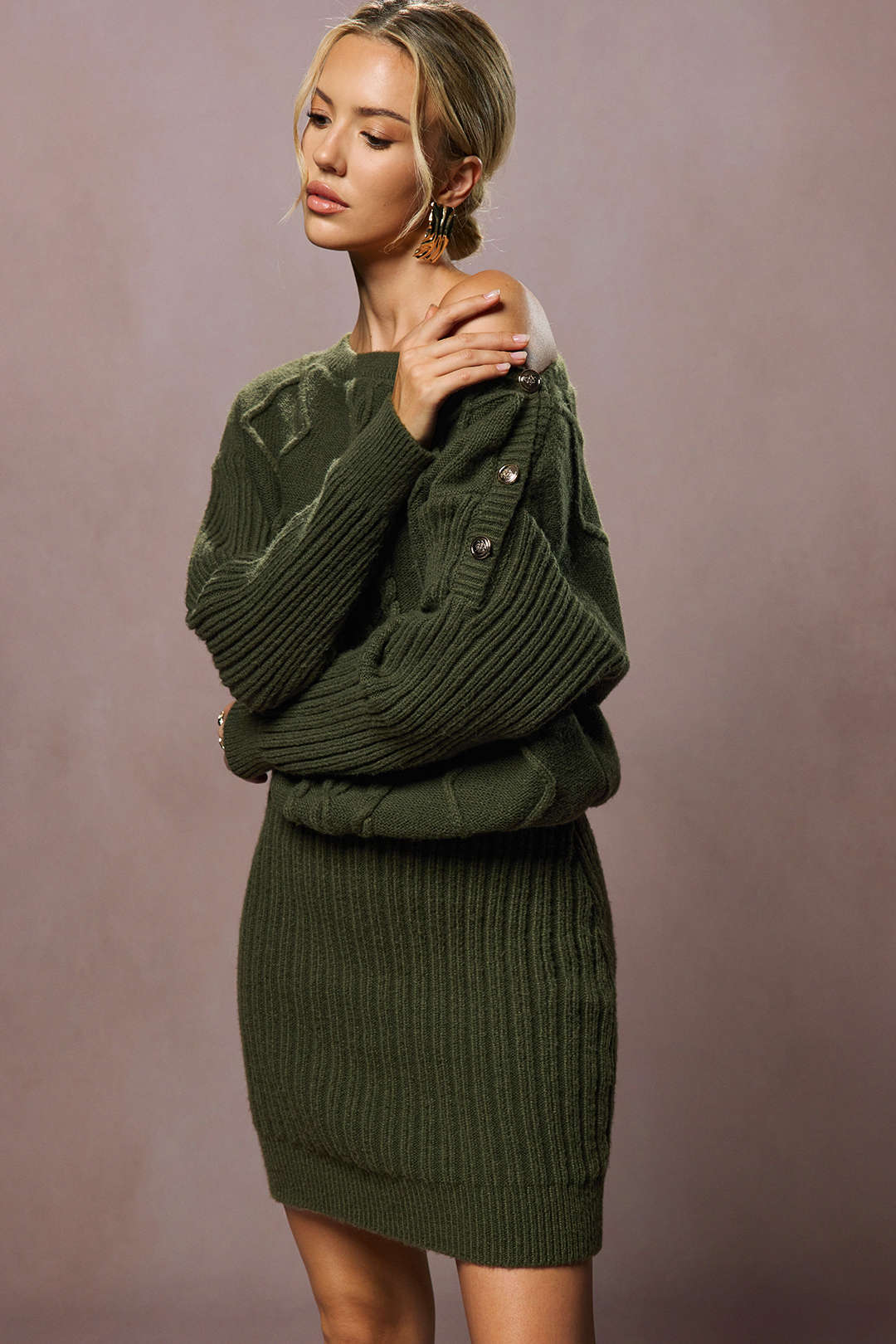 Knit One Shoulder Asymmetrical Metallic Button Long Sleeve Mini Dress