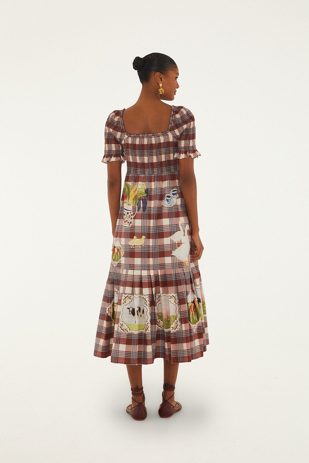Brown Country Table Tartan Smocked Maxi Dress