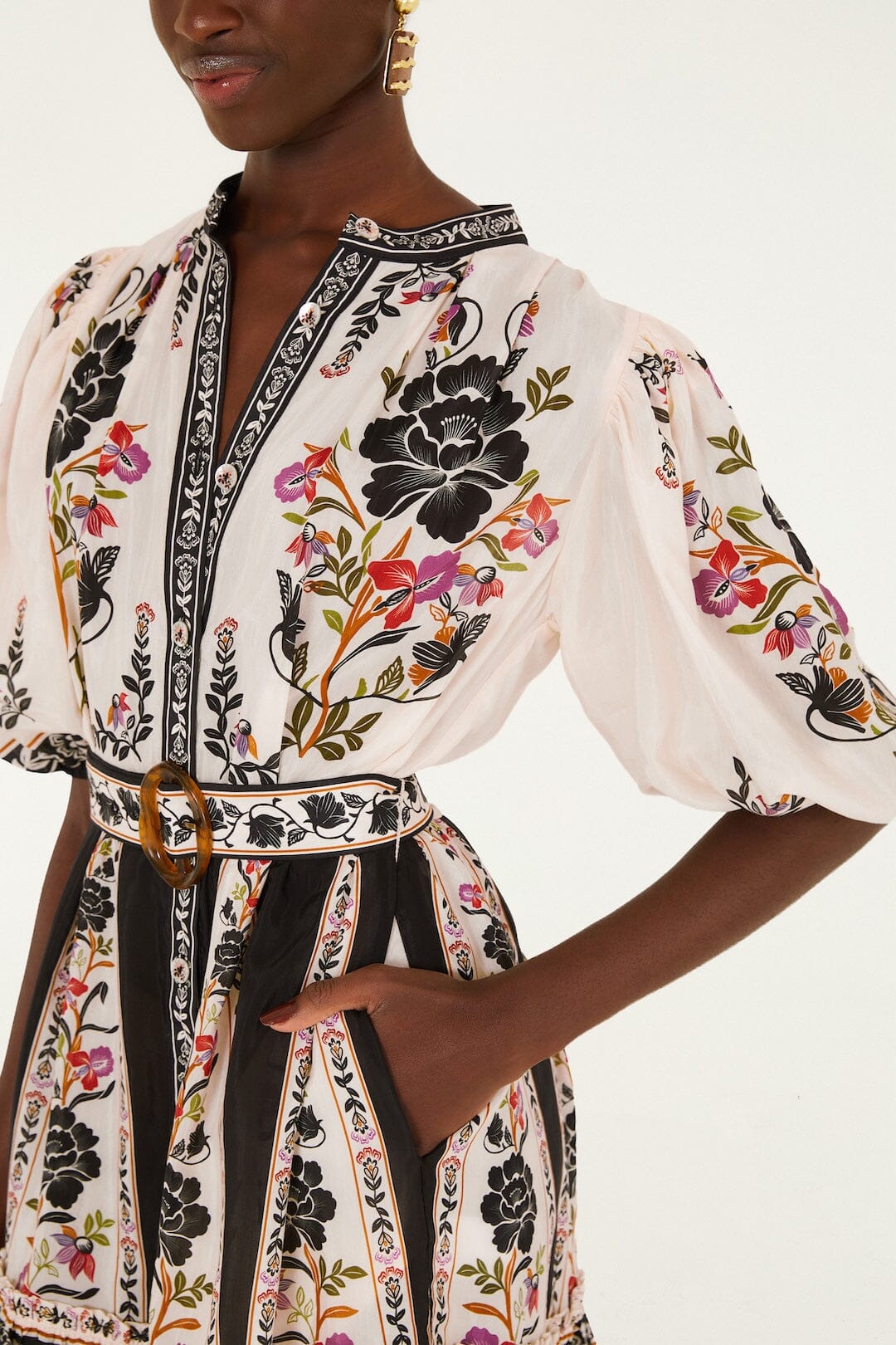 Delicate Floral Belted Buttoned Mini Dress