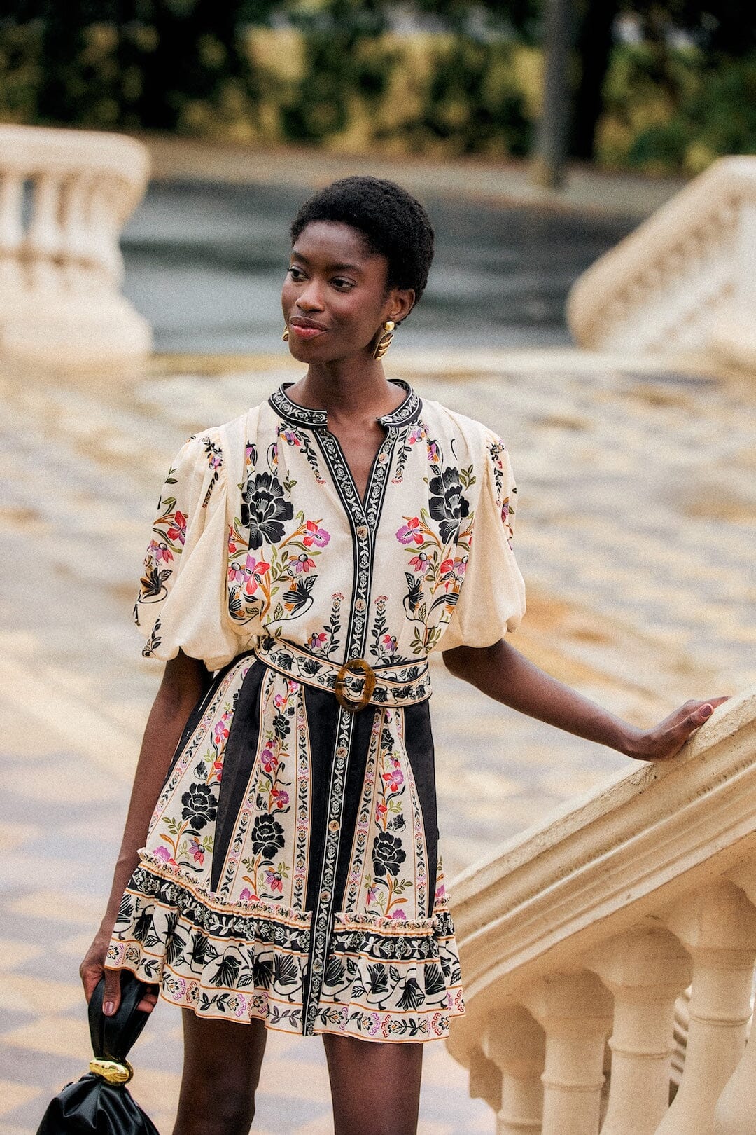 Delicate Floral Belted Buttoned Mini Dress