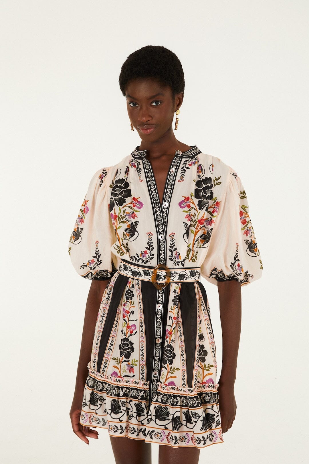 Delicate Floral Belted Buttoned Mini Dress