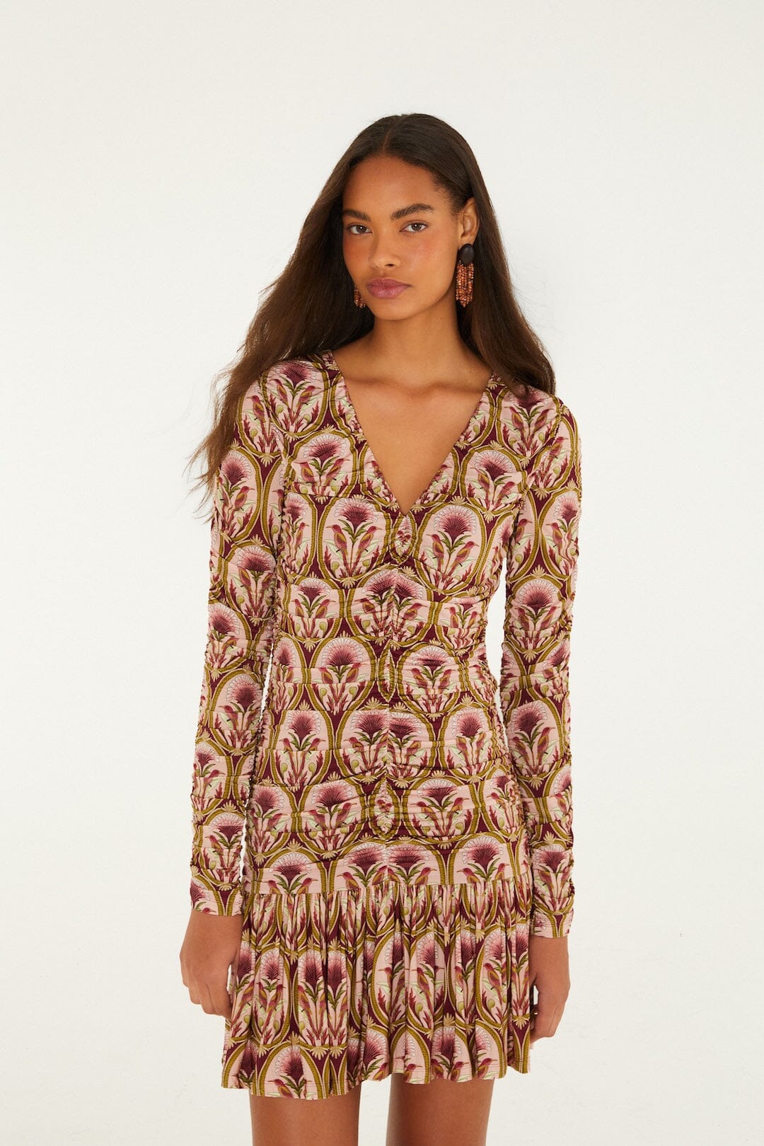 Garden Medal Long Sleeve Ruched Mini Dress