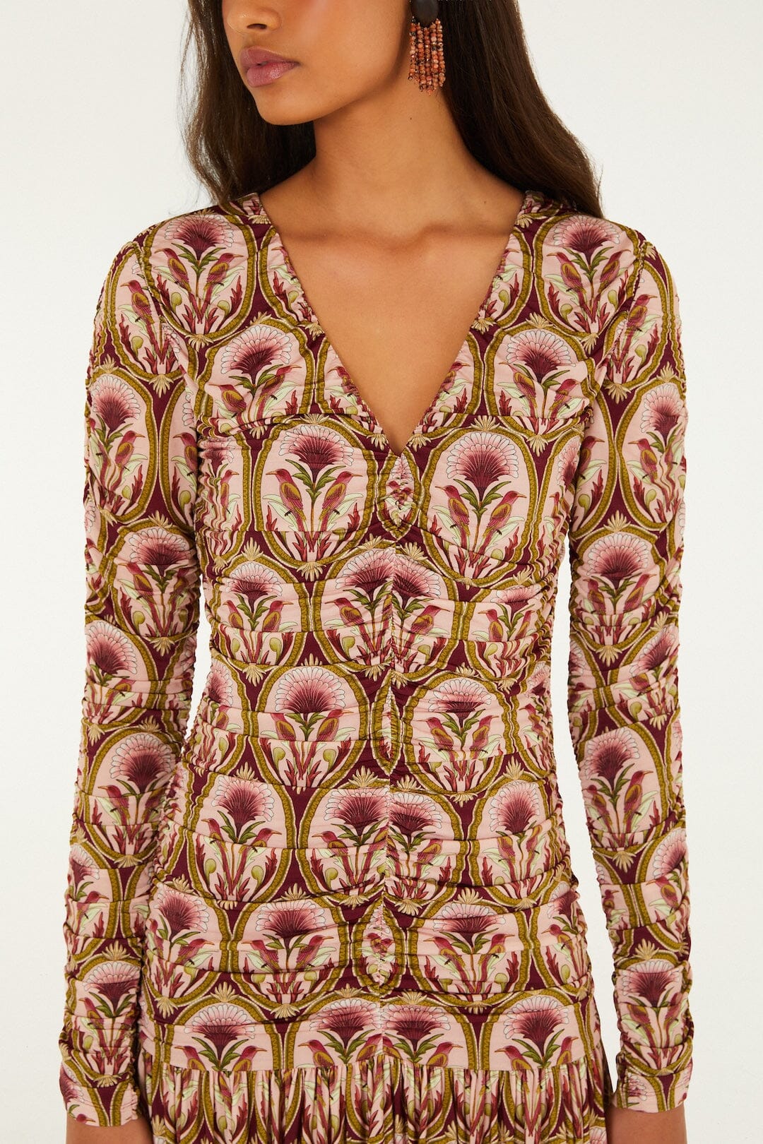 Garden Medal Long Sleeve Ruched Mini Dress