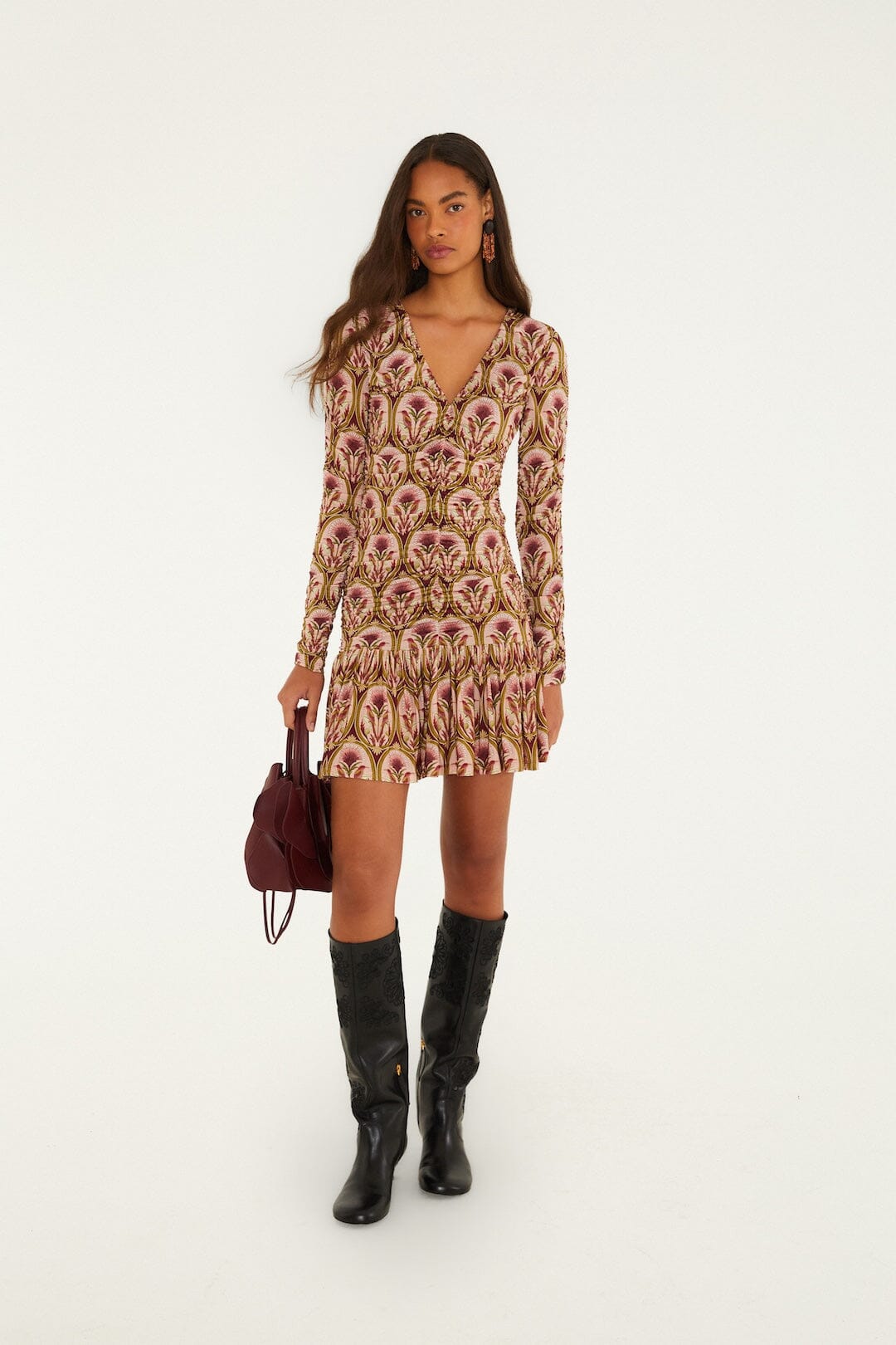 Garden Medal Long Sleeve Ruched Mini Dress