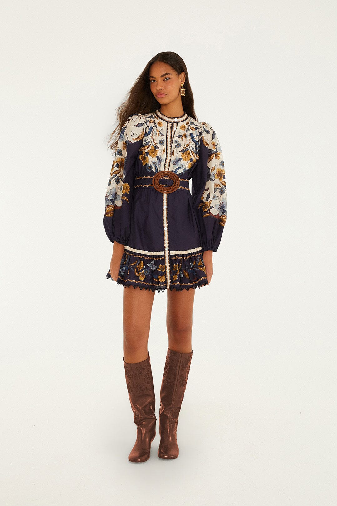 Golden Nature Belted Long Sleeve Mini Dress