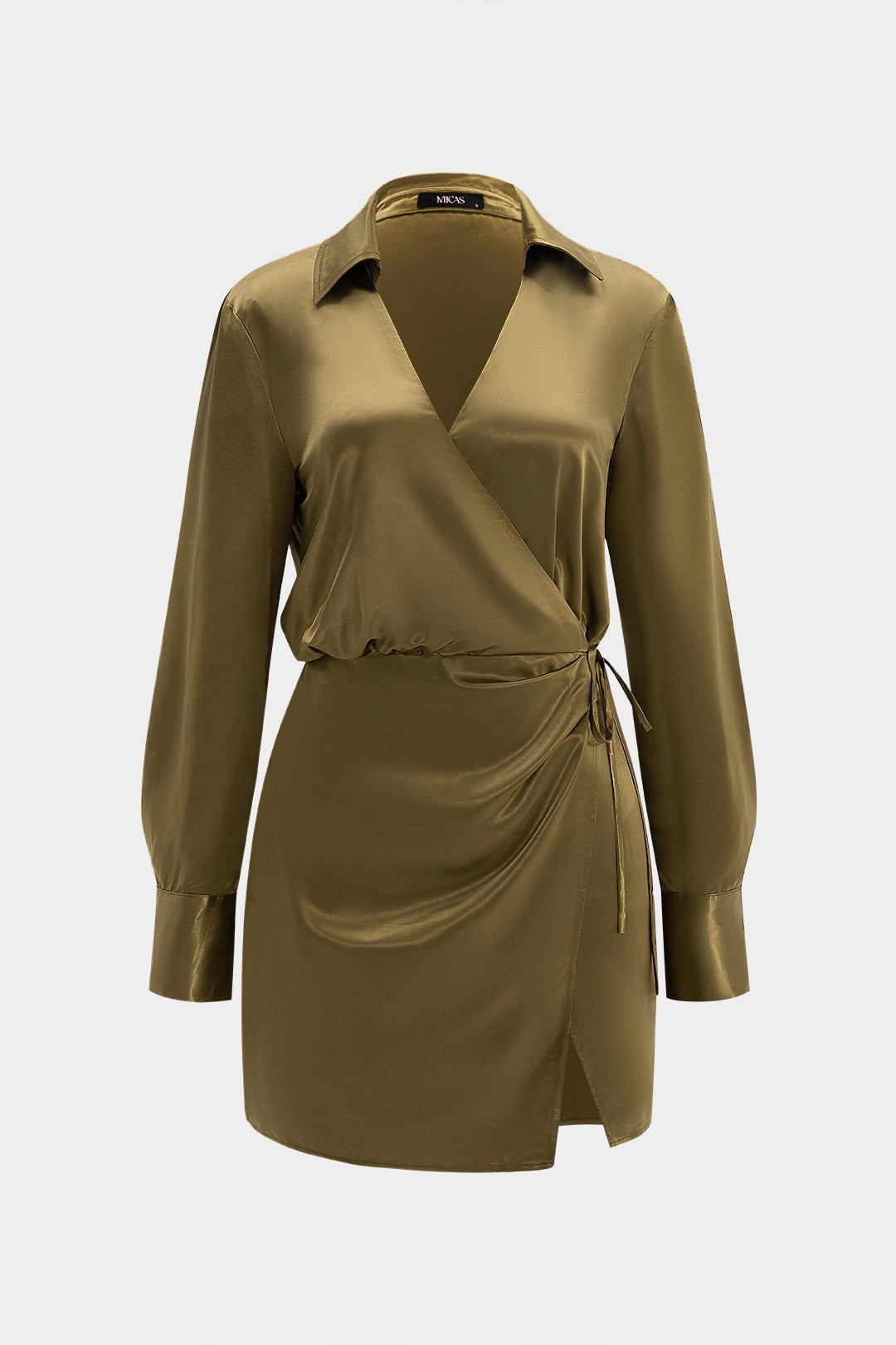 Satin Crossed V-Neck Tie-Up Long Sleeve Mini Dress