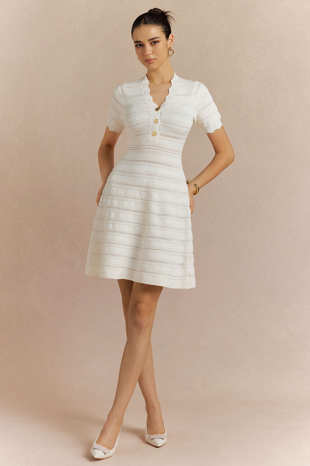 V-Neck Cut Out Metallic Button Short Sleeve Mini Dress