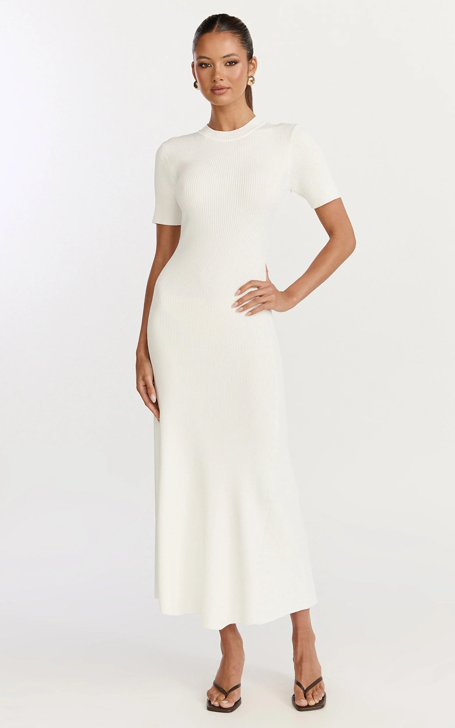 Lanie Midi Dress - Knitted Crew Neck Short Sleeve Dress in Cream