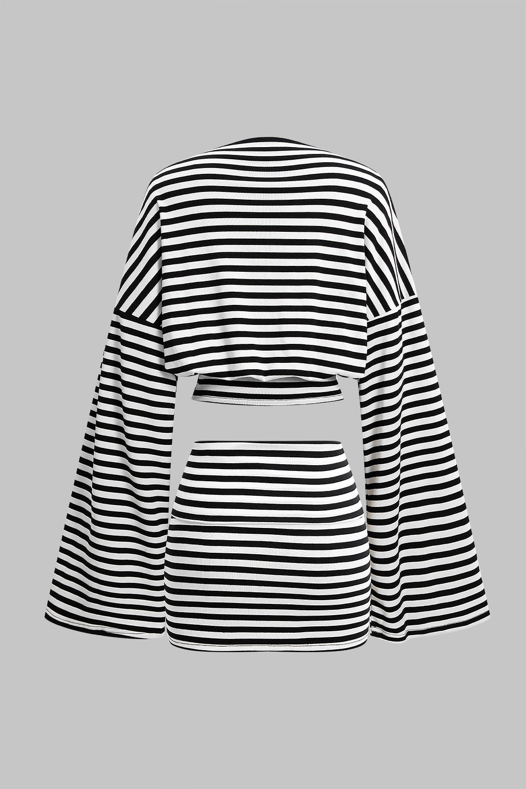 Stripes Print Bell Long-Sleeve Top And Mini Skirt Set