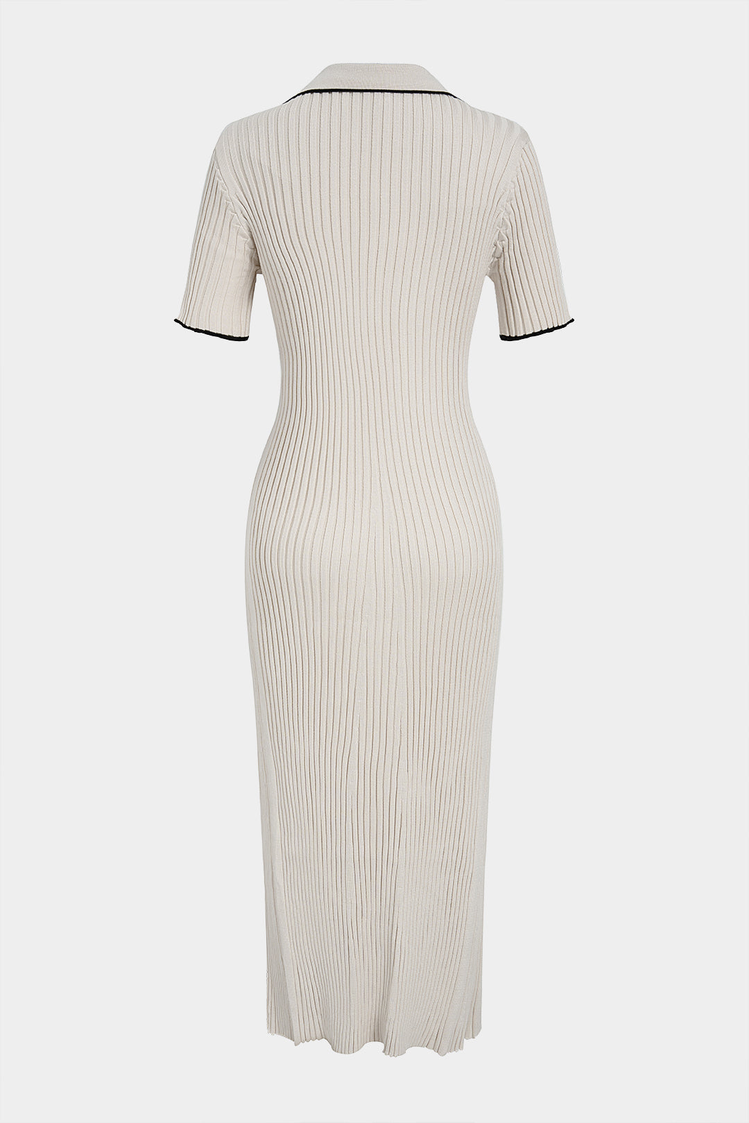 Knit Conrast Trim Button Ribbed Short Sleeve Maxi Dress